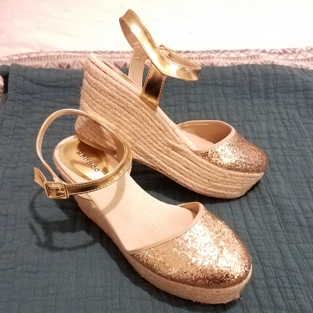 BAMBOO Gold Glitter Platform Espadrilles